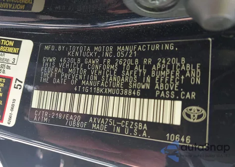 2021 Toyota Camry Se Awd из США, поврежденный, VIN 4T1G11BKXMU038846